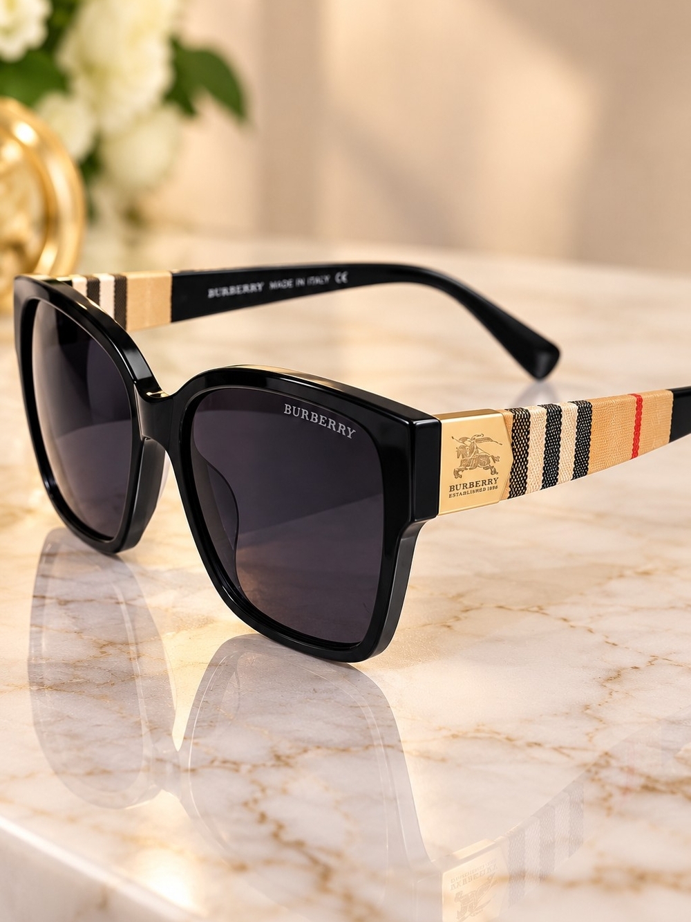 Burberry Women’s Black Sunglasses – Iconic Check & Gold Logo – Made in Italy